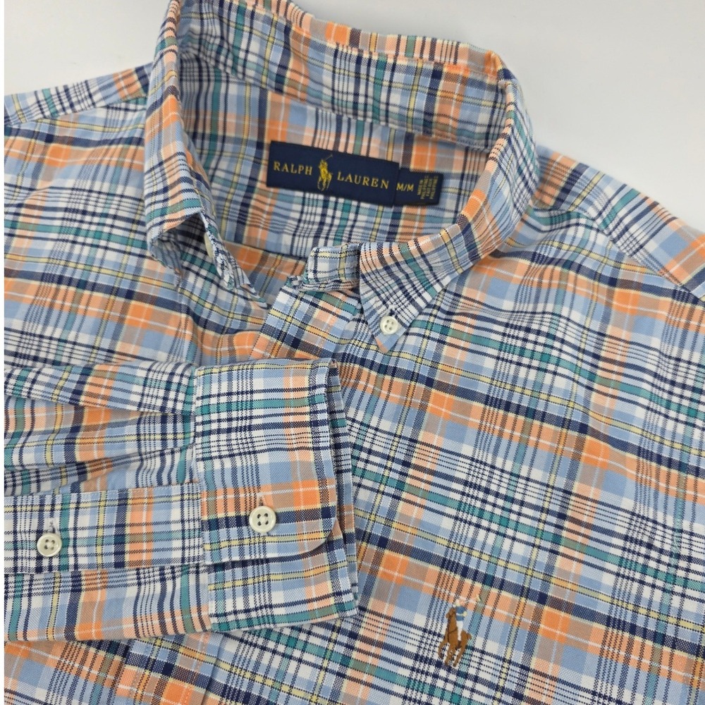 Polo Ralph Lauren Mens Medium Plaid Button Down Shirt Blue Orange Long Sleeve